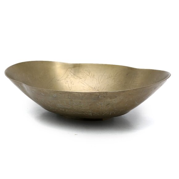 Vintage Chinese Brass Etched Bowl Longevity Prosperity Scalloped Edge Footed - Picture 2 of 13